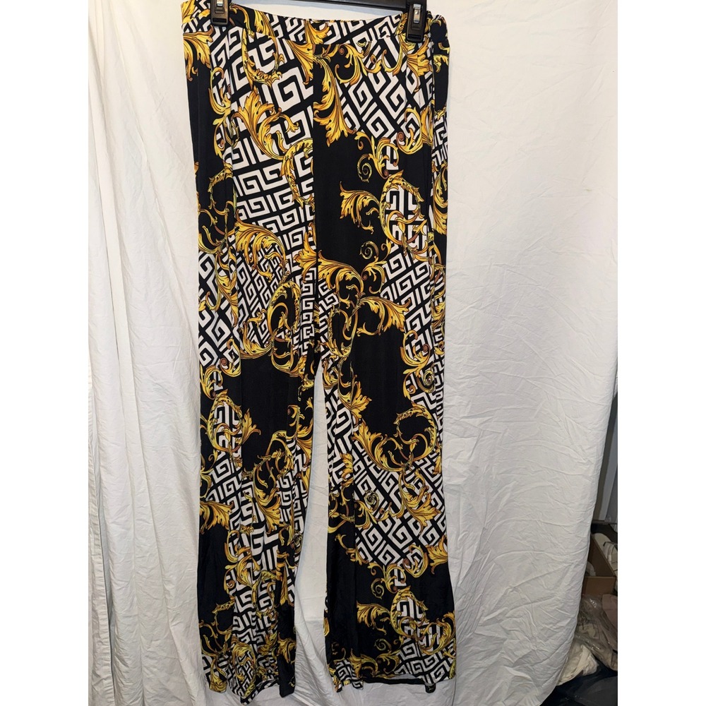 Fashion Nova Baroque Greek Key Print Wide Leg Pants Gold Black White 1XL